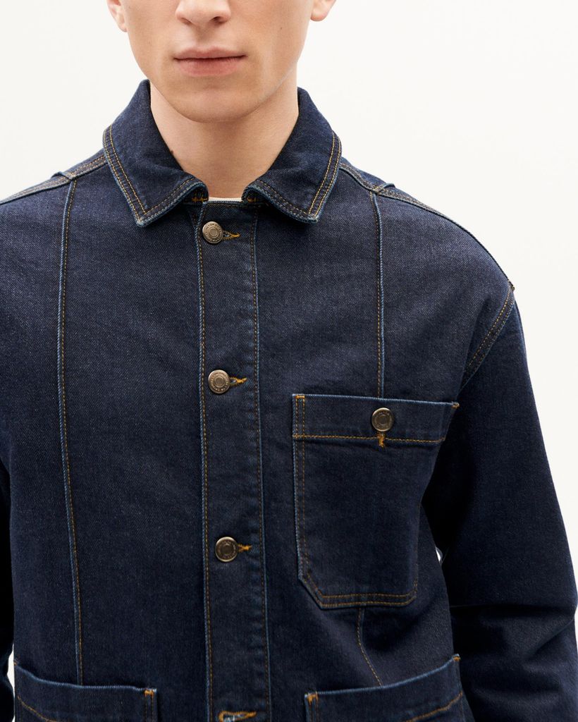 Veste en denim de coton bio | bleu "dark clean denim gus jacket" - Thinking Mu