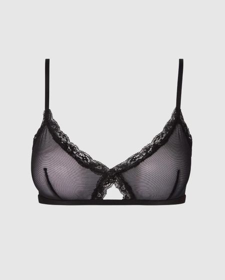 Soutien gorge triangle en matières recyclées | noir "mesh lace trim triangle bralette - black" - Understatement