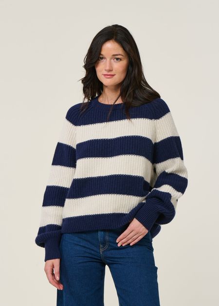 Pull à rayures en laine et coton bio | marine "kaagi stripes - tinted navy" - Armedangels