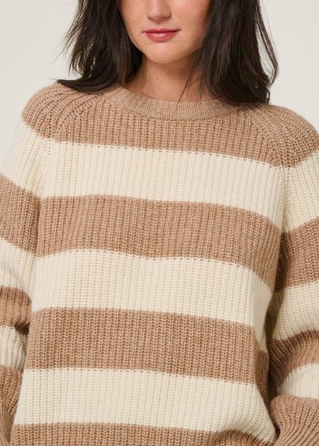 Pull à rayures en laine et coton bio | beige "kaagi stripes - camel melange" - Armedangels