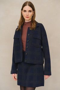 Veste en coton bio et laine | marine "joaalison check - night sky-steel melange"
