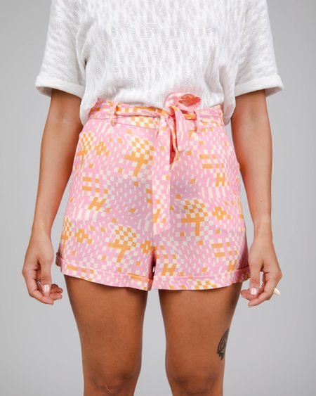 Short rose à motifs en ecovero et lin - dizzy belted short rose - Brava Fabrics