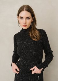 Pull côtelé en coton bio et laine | noir "alaania tweed - black-oatmilk"