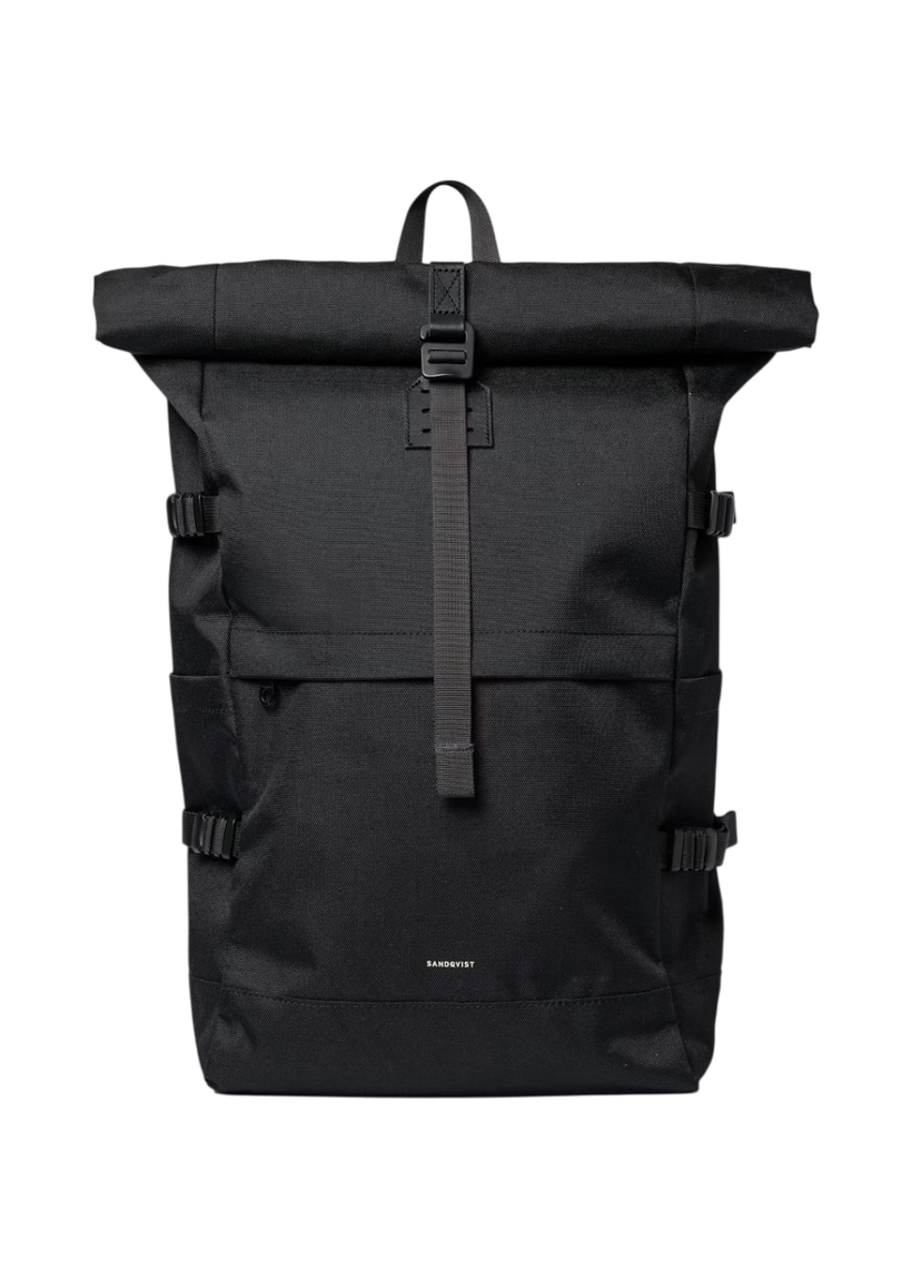 Sac à dos 26l en matières recyclées | noir "icon rolltop backpack l - black/ black with black leather" - Sandqvist