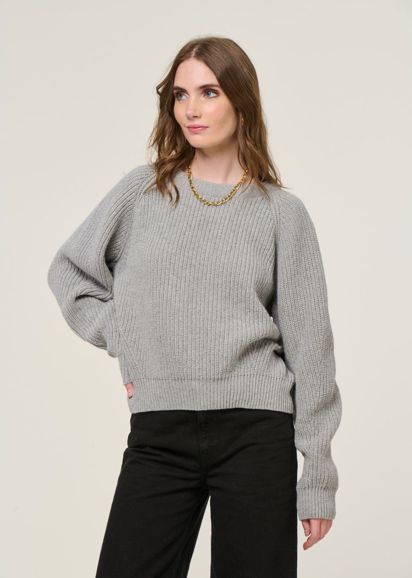 Pull en laine recyclée | gris "cropped knit sweater wool-blend - grey melange" - Rotholz