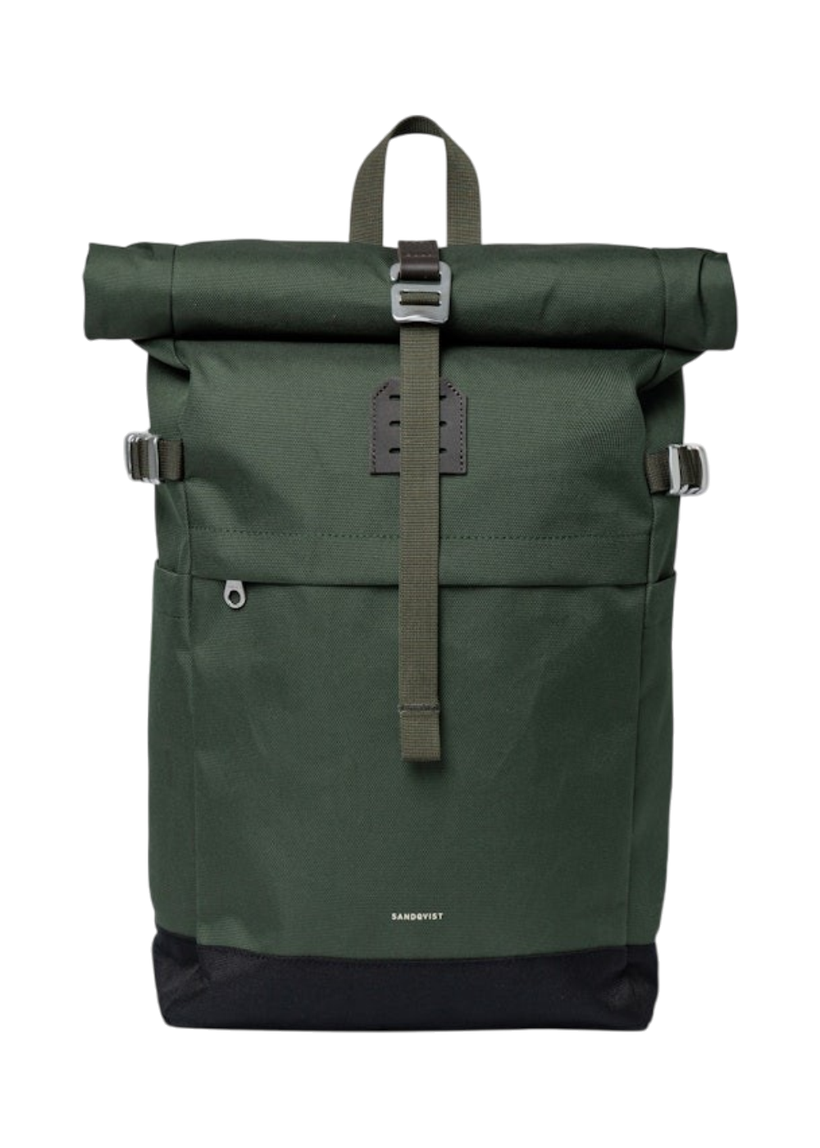 Sac à dos 23l en matière recyclée | vert "icon rolltop backpack m - dawn green with dark brown leather" - Sandqvist