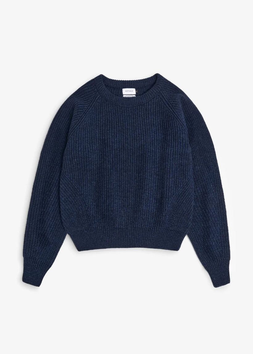 Pull en laine recyclée | bleu "cropped knit sweater wool-blend - blue melange" - Rotholz
