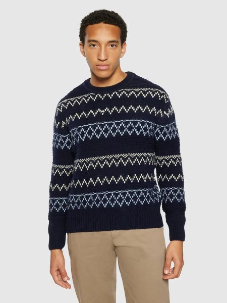 Pull en laine certifiée | bleu "knitted pattern crew neck blue stripe" - Knowledge Cotton Apparel