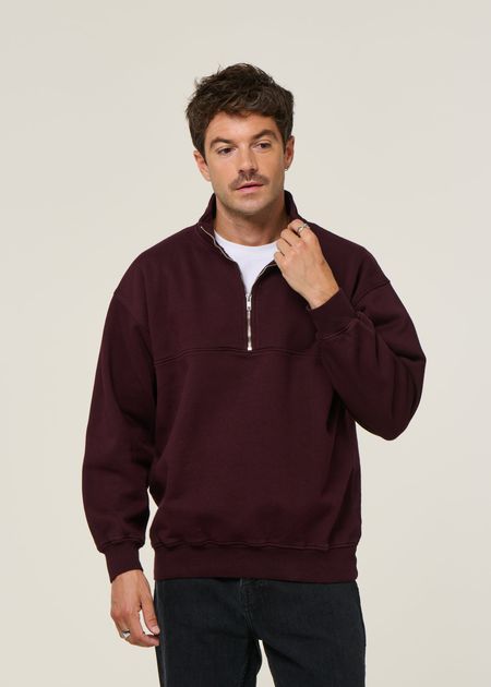 Sweat camionneur col zippé en coton bio | bordeaux "quarter zip oxblood red" - Colorful Standard