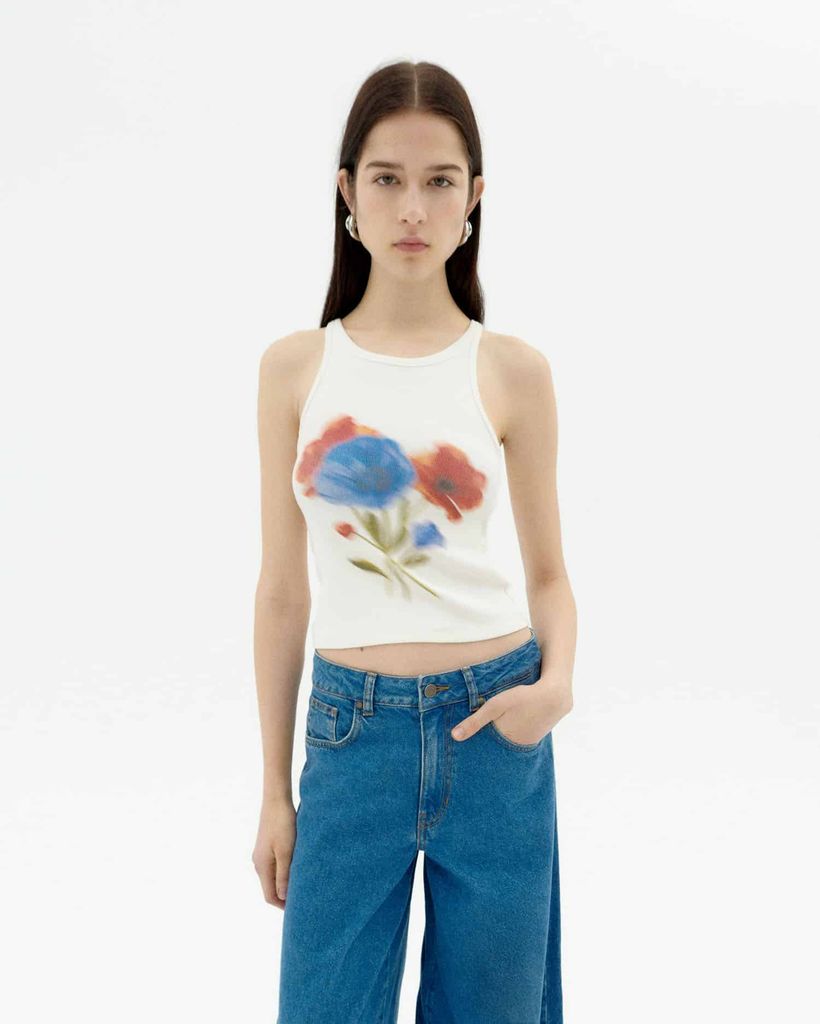 Débardeur en coton bio | blanc "blurry flower harriet top - white" - Thinking Mu