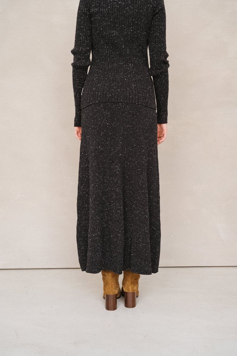 Jupe longue côtelée en coton bio et laine | noir "hanaa tweed - black-oatmilk" - Armedangels