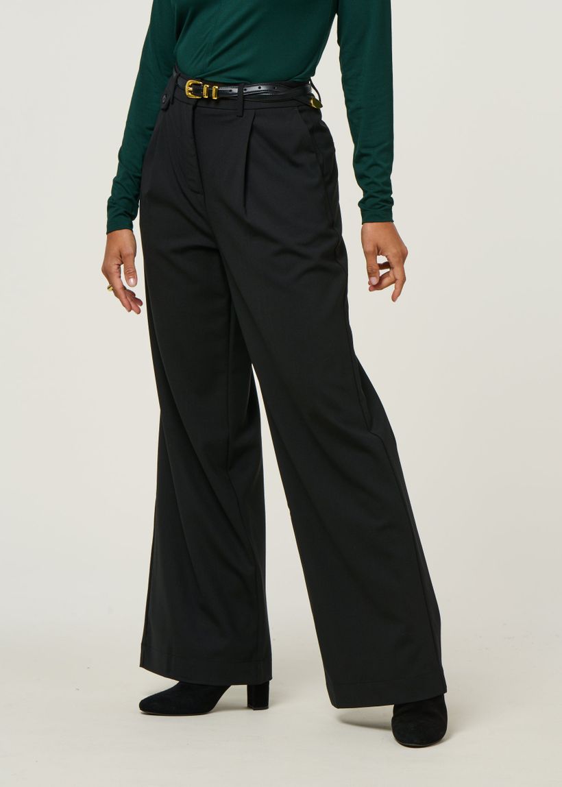 Pantalon large à pinces en laine froide certifiée | noir "black pat pants" - Thinking Mu