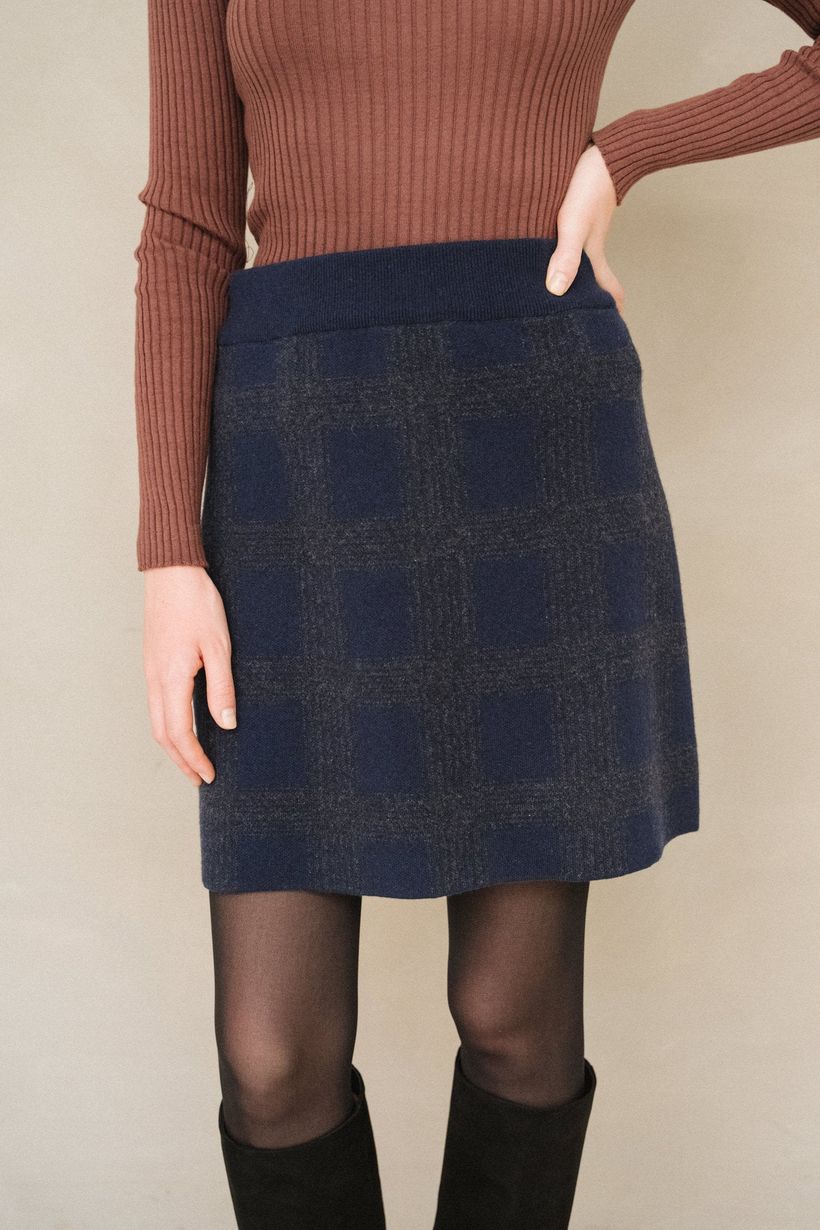 Jupe en coton bio et laine | marine "darlaa check - night sky-steel melange" - Armedangels