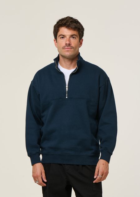 Sweat camionneur col zippé en coton bio | marine "quarter zip navy blue" - Colorful Standard