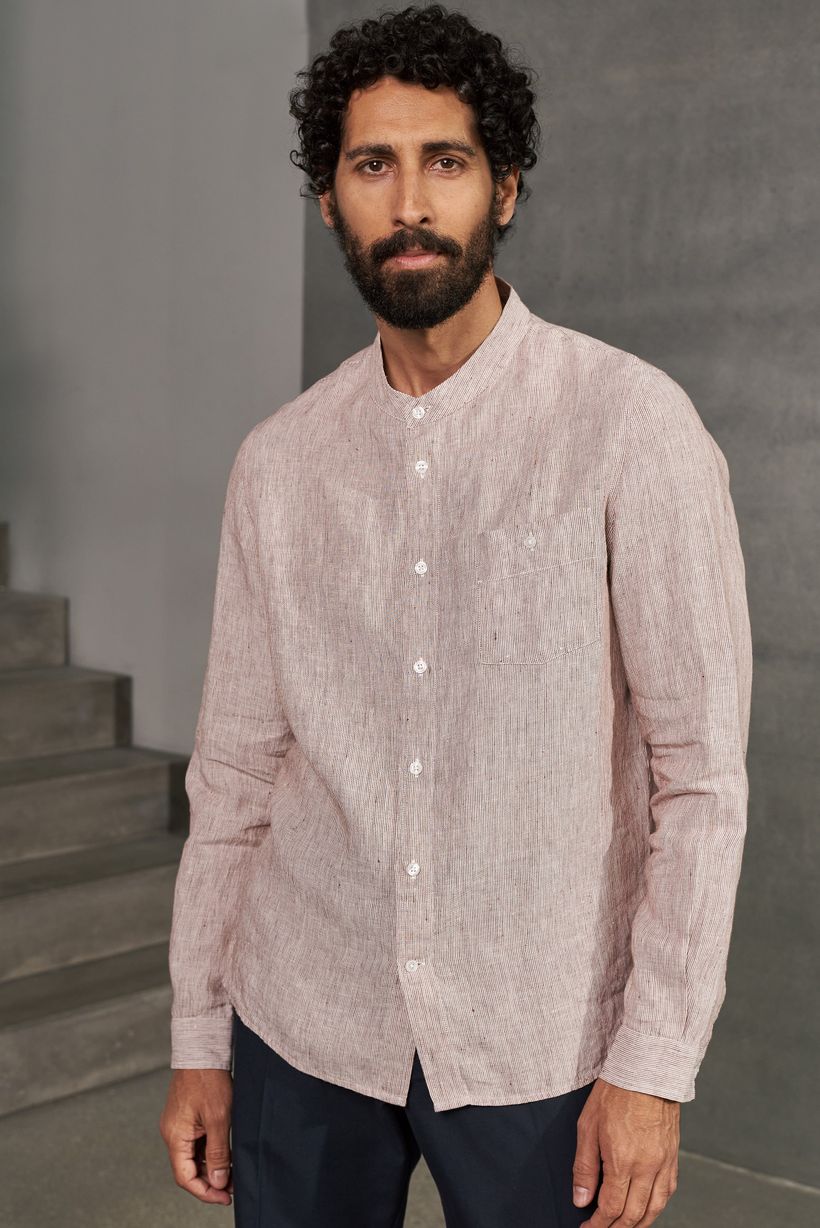 Chemise col mao en lin | rayée marron "nathan striped rust" - About Companions