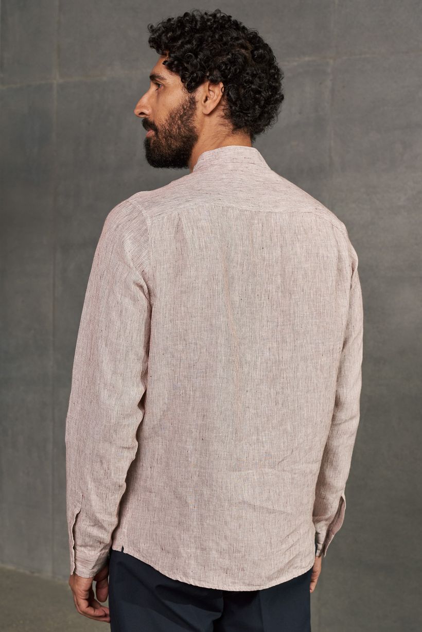 Chemise col mao en lin | rayée marron "nathan striped rust" - About Companions