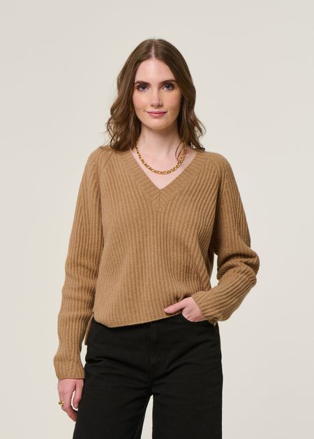 Pull col v en laine recyclée | camel "manon - beige sughero" - Rifò