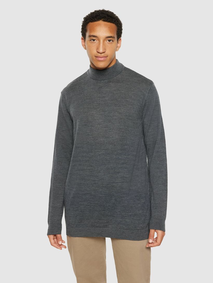 Pull col montant en laine mérinos certifiée | gris foncé "merino mock neck dark grey melange" - Knowledge Cotton Apparel