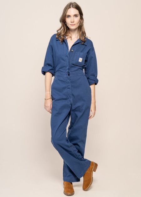 Combinaison worker en coton bio | bleu "ella herringbone boilersuit blue"