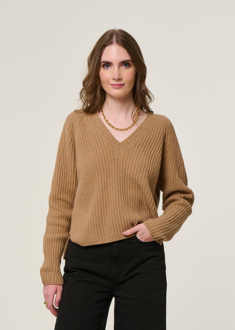 Pull col v en cachemire recyclé | camel "manon - beige sughero" - Rifò