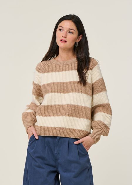 Pull à rayures en laine et coton bio | beige "kaagi stripes - camel melange" - Armedangels