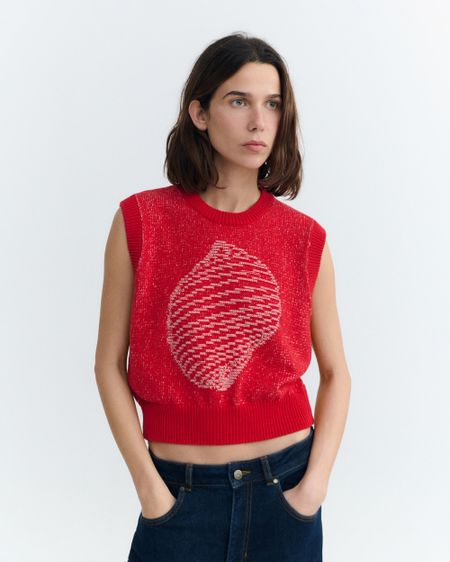 Pull sans manches en coton et matière recyclées | shell red aria knitted vest - red - Thinking Mu