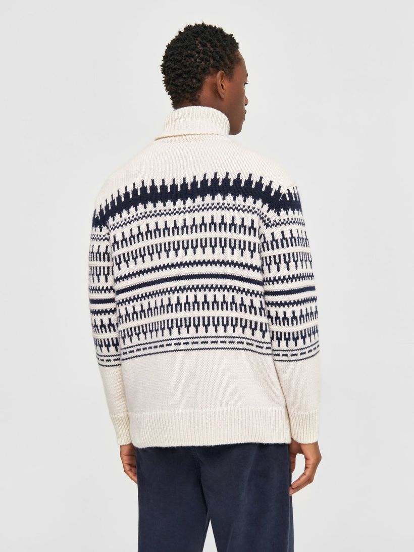 Pull col roulé en laine mérinos certifiée | blanc "knitted pattern roll neck beige stripe" - Knowledge Cotton Apparel
